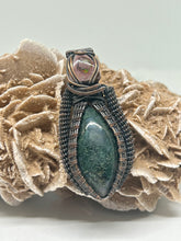Load image into Gallery viewer, Hand Carved Moss Agate &amp; Mexican Fire Opal Oxidized Copper Wire Wrap Pendant
