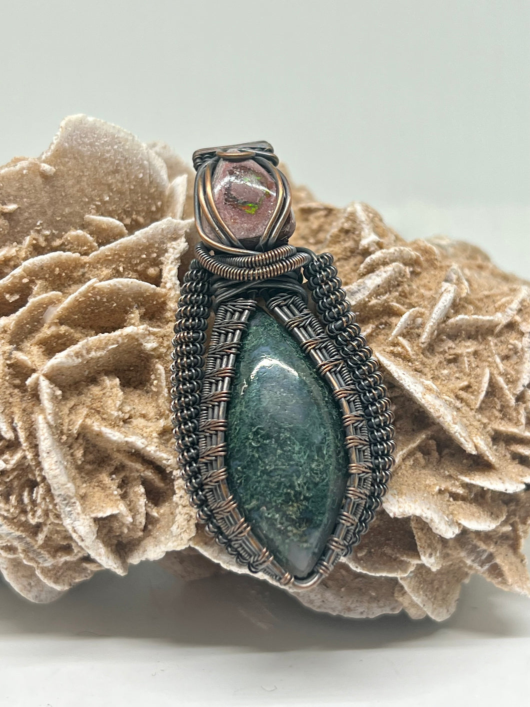 Hand Carved Moss Agate & Mexican Fire Opal Oxidized Copper Wire Wrap Pendant