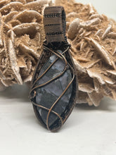 Load image into Gallery viewer, Hand Carved Indigo Gabbro Jasper &amp; Rainbow Moonstone Oxidized Copper Wire Wrap Pendant
