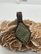 Load image into Gallery viewer, Hand Carved Serpentine &amp; Mexican Fire Opal Oxidized Copper Wire Wrap Pendant
