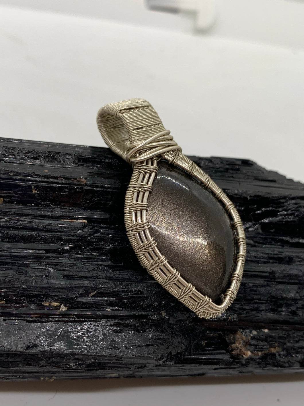 Black Sunstone Sterling Silver Wire Wrap Pendant