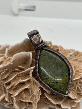 Load image into Gallery viewer, Hand Carved Serpentine &amp; Mexican Fire Opal Oxidized Copper Wire Wrap Pendant
