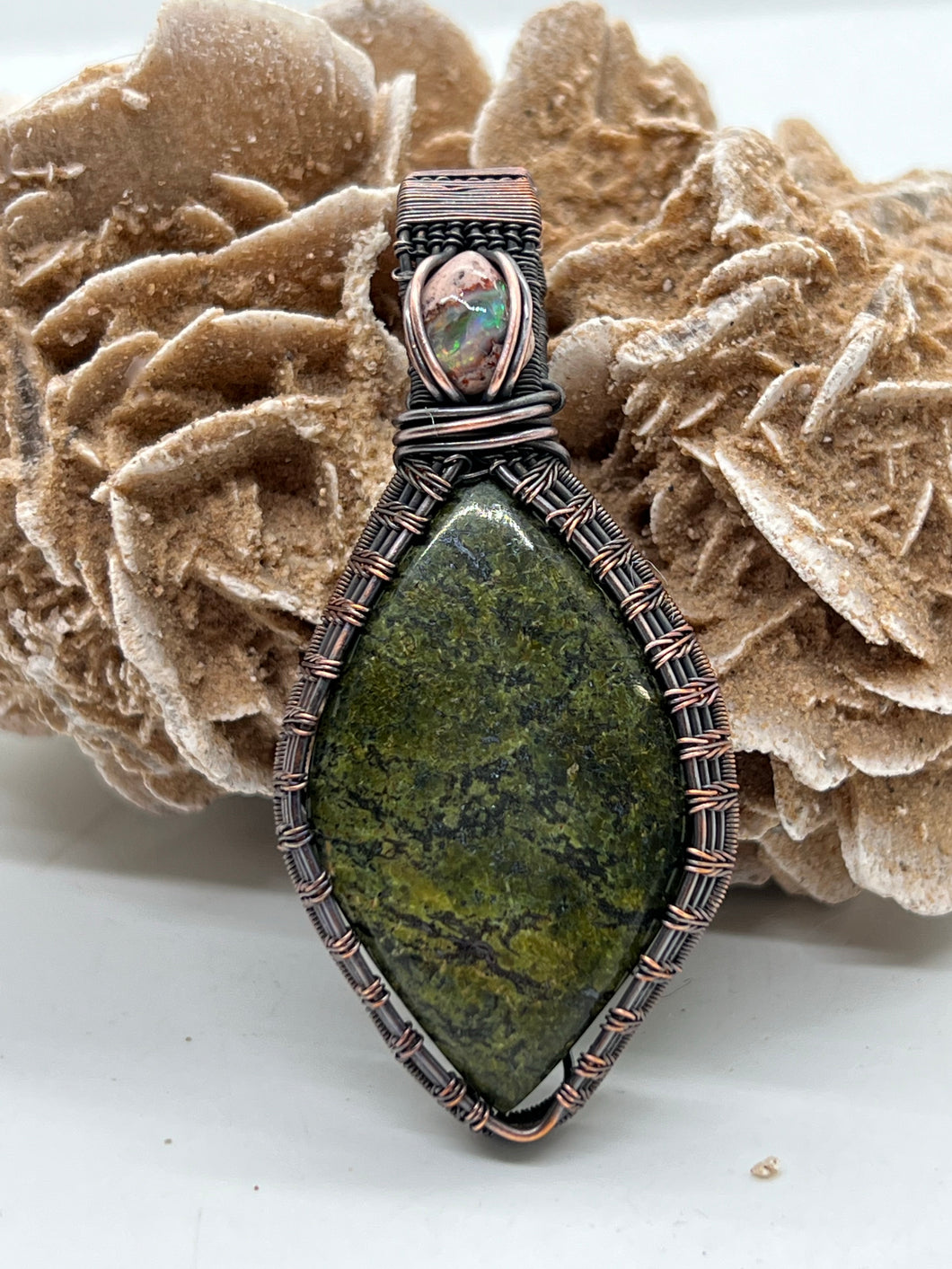 Hand Carved Serpentine & Mexican Fire Opal Oxidized Copper Wire Wrap Pendant