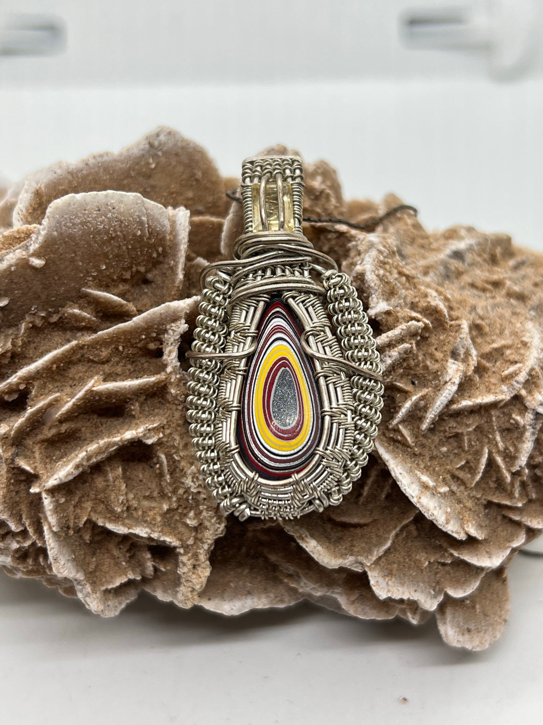 Fordite & Citrine Sterling Silver Wire Wrap Pendant