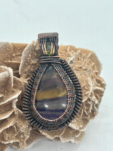 Load image into Gallery viewer, Flourite &amp; Peridot Oxidized Copper Wire Wrap Pendant
